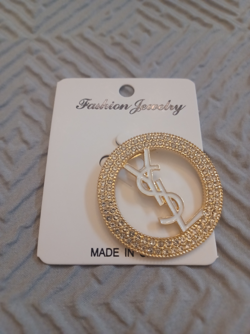 Fashion Jewelry Gold-Tone Crystal Logo Circle Brooch